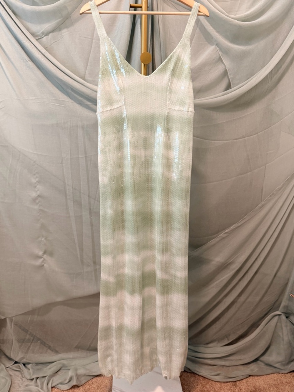 Sequin Slip Dress in Pale Sage and Ivory